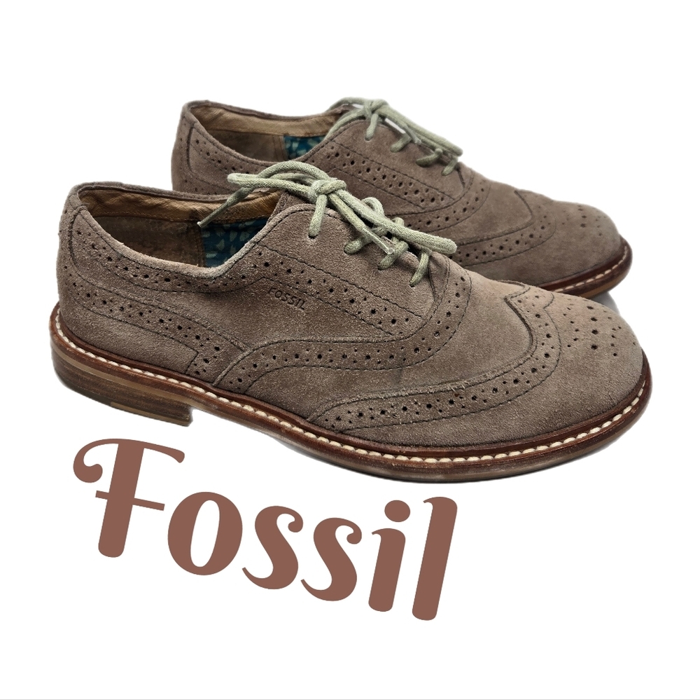 Fossil Womens Sz 7 Tan Suede Lace Up Brouges School Office Work Wear Casual